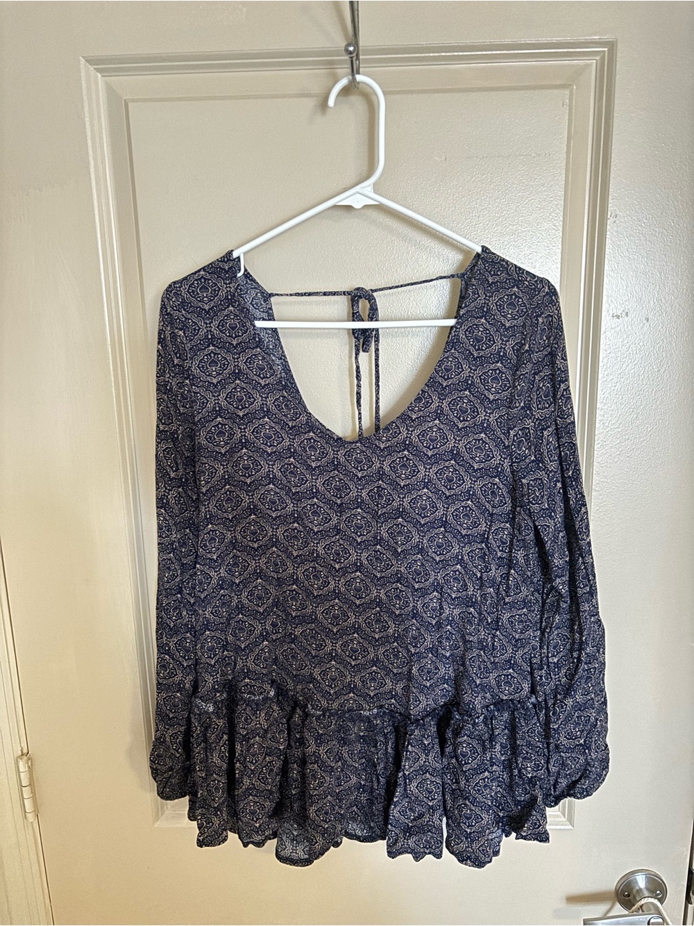 Navy Printed Peplum Blouse with Tie Back